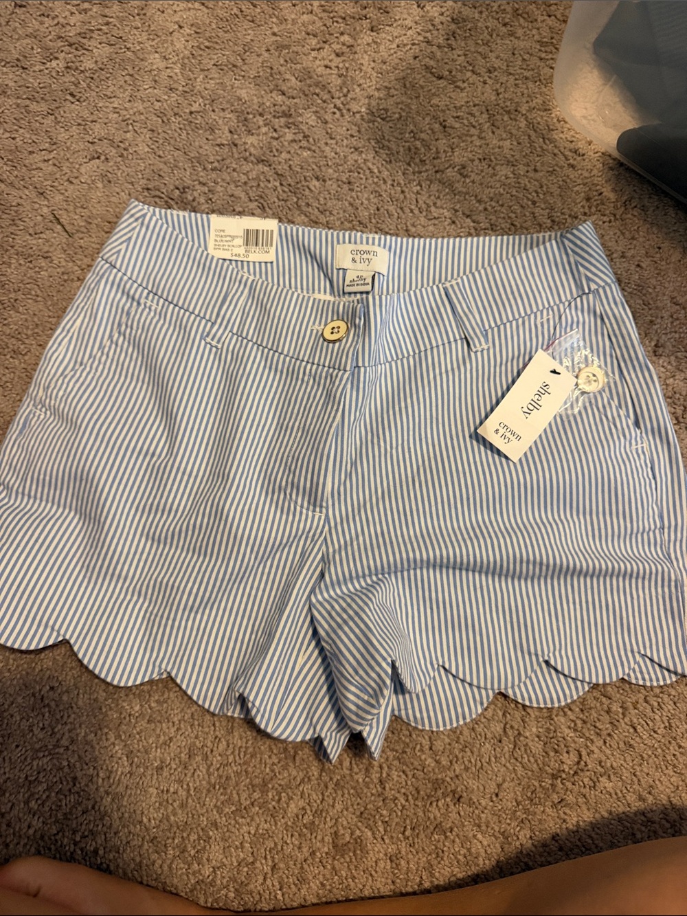 crown & ivy Light Blue and White Seersucker Scallop-Hem Bermuda Shorts